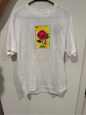 OVO White Tee with Red Rose Graphic on Yellow Panel